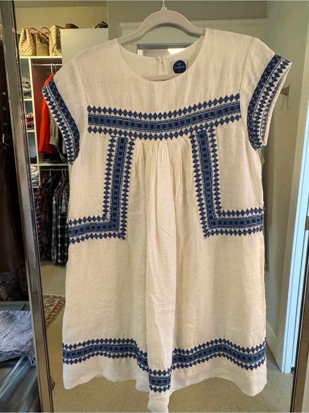 Women's White Casual Embroidered Tunic Dress with Blue Detail